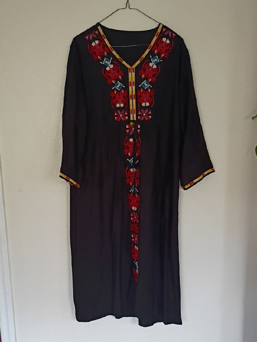 Black Embroidered Maxi Kaftan with Red Floral Trim